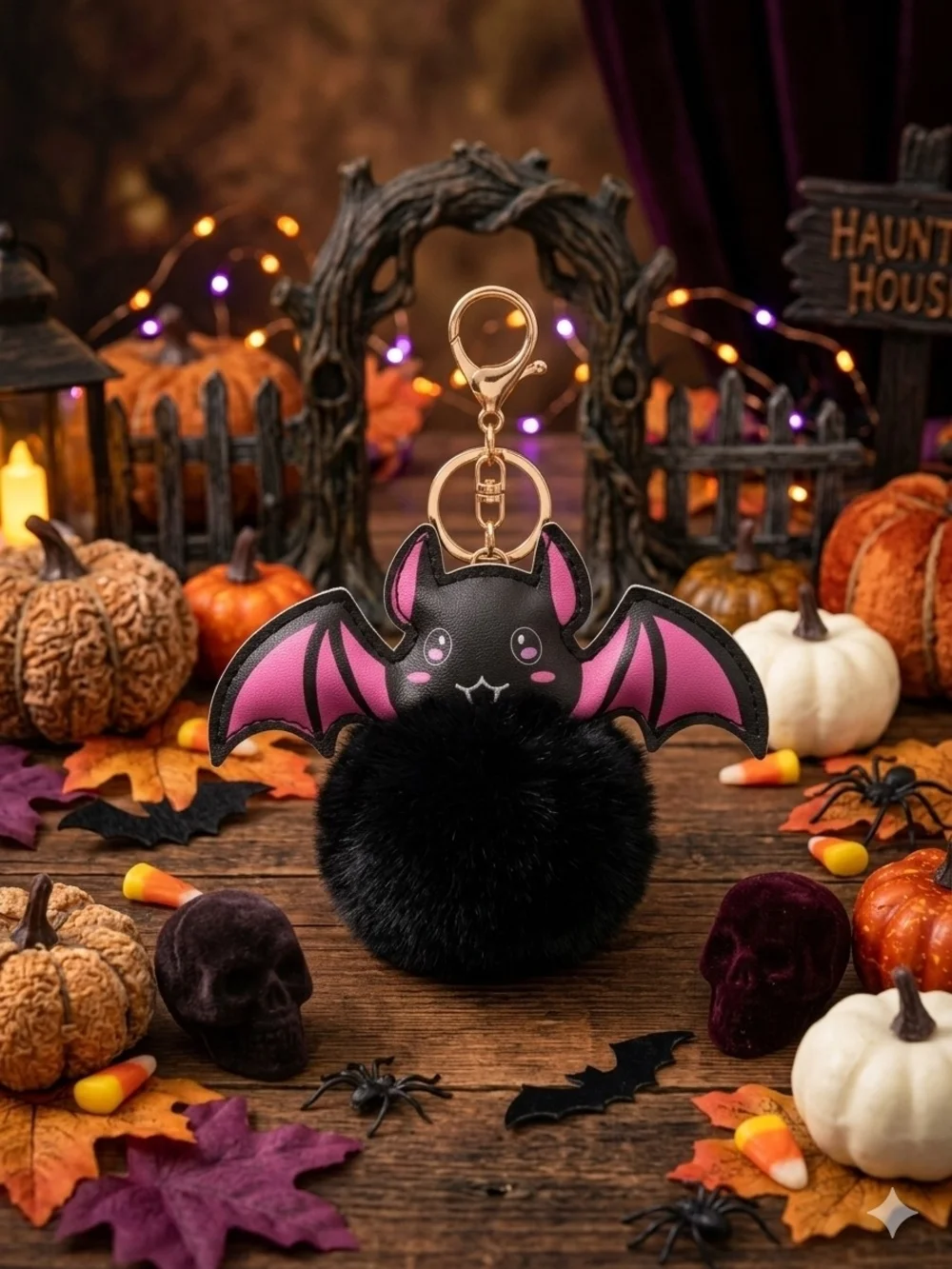 🦇Cute Bat Pom Keychain/Bag Charm Black & Pink NWT🎃